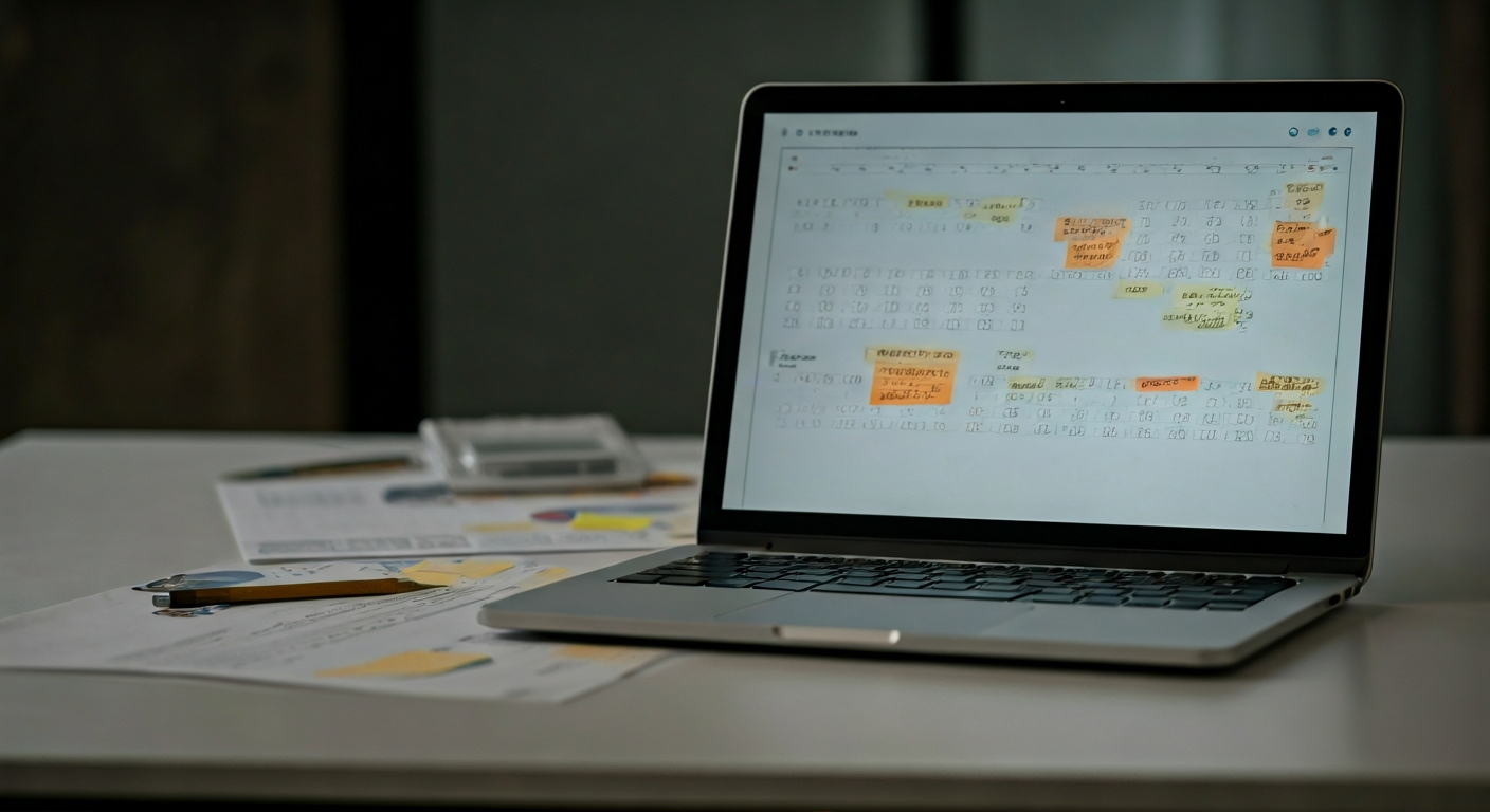 Desk with research reports, laptop showing economic calendar, and highlighted notes, illustrating the academy's careful research process.