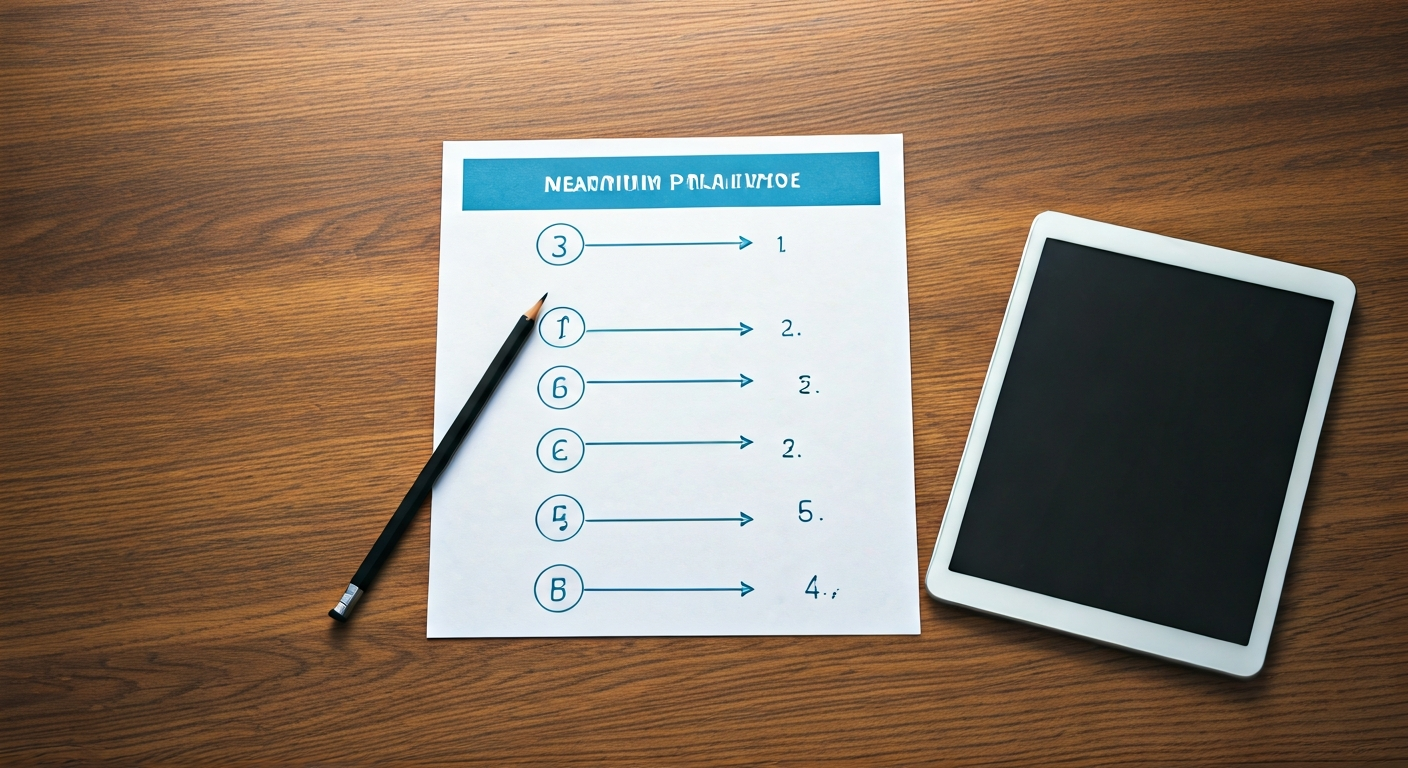 Learning pathway diagram on a desk with printed steps, pencil, and tablet showing a clean flow of stages from basics to practice.